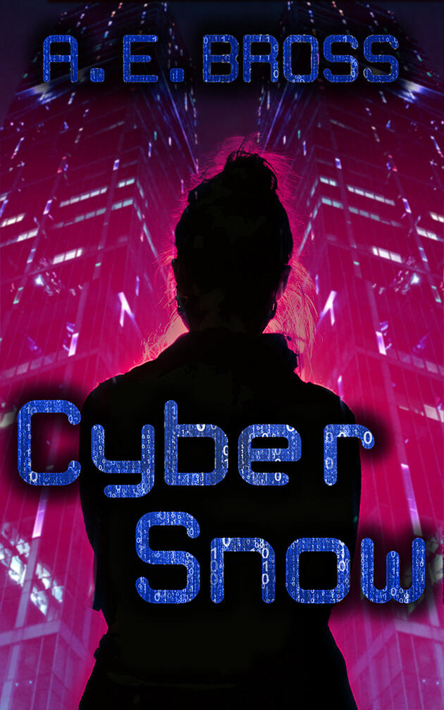 A backdrop of skyscrapers in dark blue and pink. A silhouette of a woman stands looking up at them. Text with computer patterns reads CyberSnow by A.E. Bross