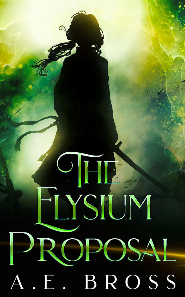 Silhouette of a long-haired individual with a sword and tattered clothing, standing against an eerie green sky. The Elysium Proposal by A.E. Bross
